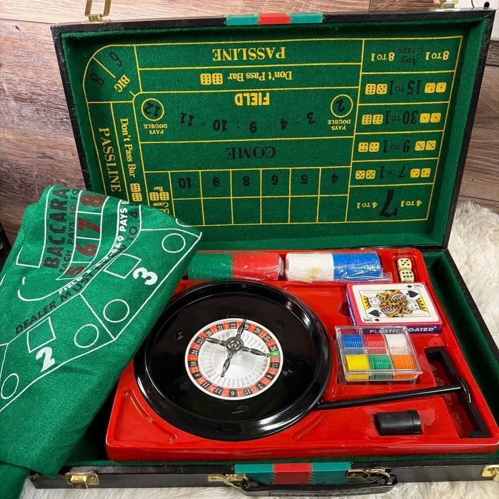 Vintage Casino Game Set/Case Roulette Craps Poker Chips Cards Baccarat Flawed